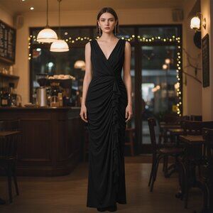 Betsy & Adam "Bobbi" Black Ruffled V-Neck Gown Plus Size 14W